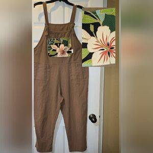 🤎💚🩵Upcycled Brown "Hibiscus" Overalls
